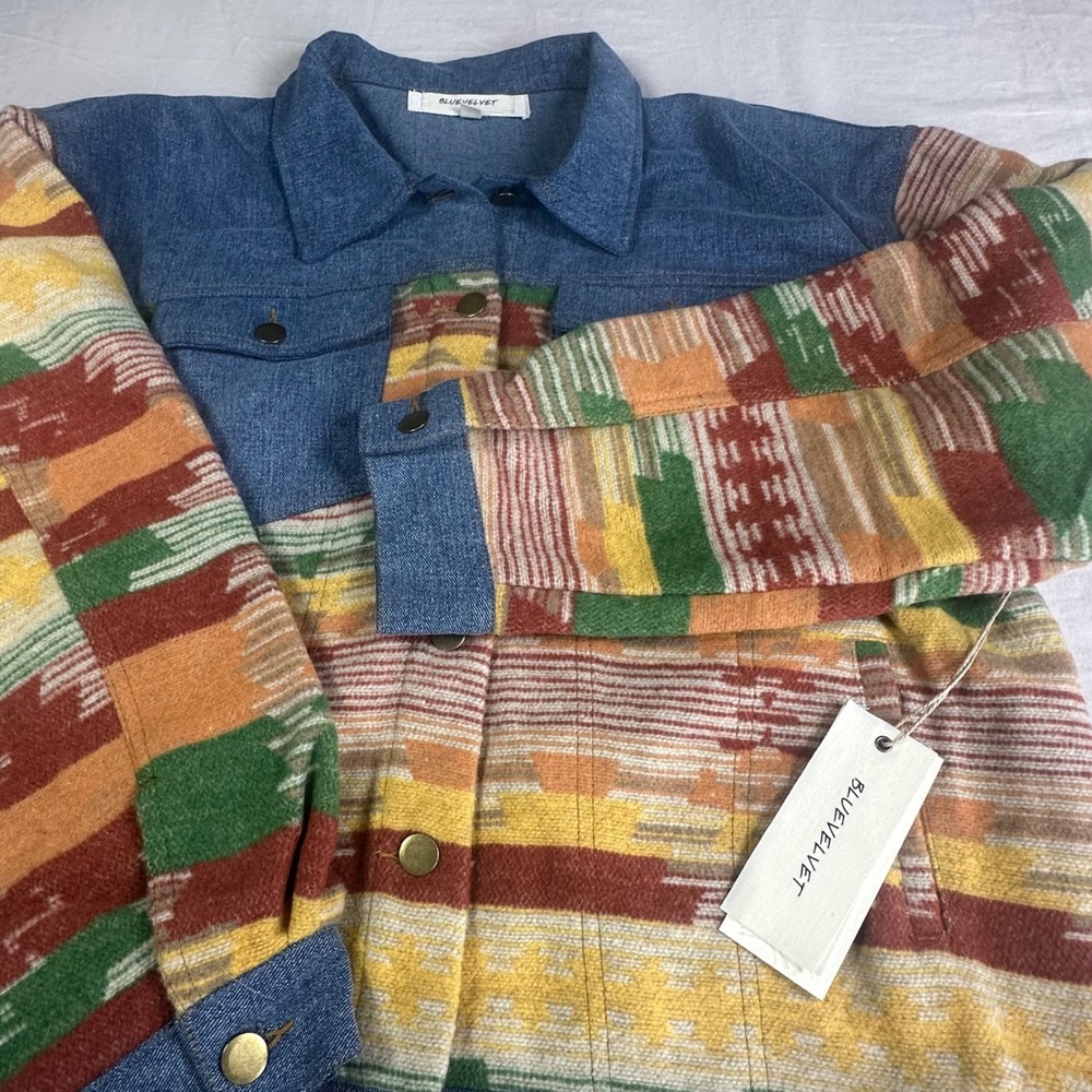 BLUE VELVET Women's Denim Jacket Southwestern Geometric Print Orange Green SZ L